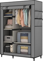 Calmootey Portable Closet, Wardrobe with 6 Shelves and Hanging Rod, Storage Organizer for Bedroom, Non-Woven Fabric Cover with 4 Side Pockets, Includes 2 Storage Bags for Clothes, Grey