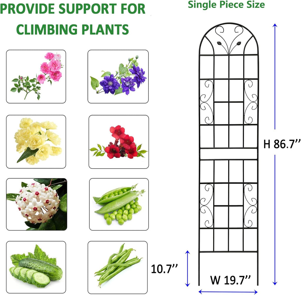 2 Pack Metal Garden Trellis 86.7" Tall Outdoor Climbing Plant Support for Roses, Flowers, Rustproof Durable Black Galvanized Tube, Lawn Garden Fence Decor Screen (2, Black curves-86.7" H)