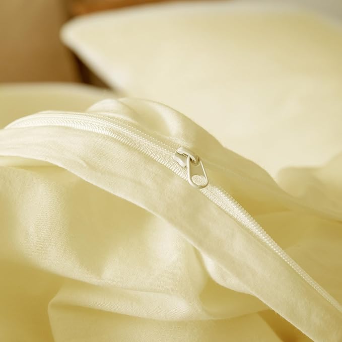 JIYUAN 100% Washed Cotton Duvet Cover Set 3 Pieces Queen, 1 Duvet Cover 90x90 Inches(Comforter Not Included) and 2 Pillowcases,Linen Feel Bedding Set Comfy and Breathable,Light Yellow