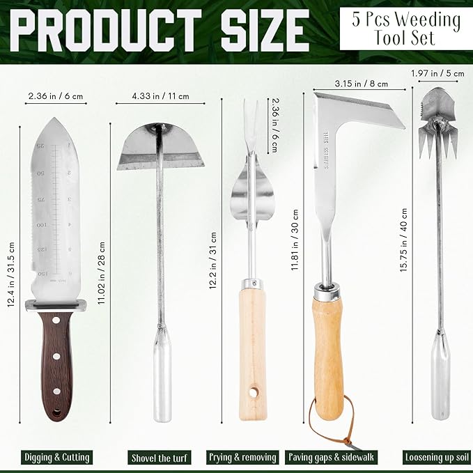 Yungyan 5 Pcs Weed Puller Set Include Hori Weeding Knife Uprooting Crack Weeder Puller Tool 5 Teeth Weeding Tool L Shape Gardening Crack Sickle Tool Hoe for Garden Lawn Grass Moss Removal Backyard