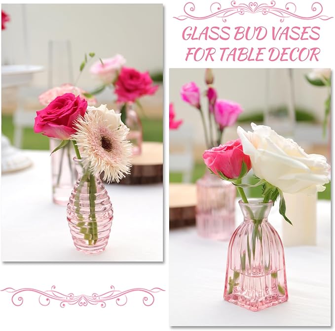 Pink Glass Bud Vases in Bulk 24, Pink Vase Small Vases for Flowers Modern Ribbed Glass Bud Vase for Decor Wedding Flower Vase Bulks Vintage Decor Bridal Shower Centerpieces Home Table Decoration
