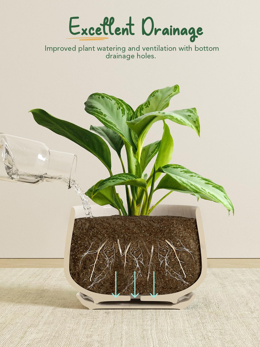 LE TAUCI Plant Pots, 4.1+5.1+6.5 inch, Set of 3, Ceramic Planters with Drainage Hole and Saucer, Indoor Flower Pot with Hole Mesh Pad, Gifts for Mom, Reactive Glaze Beige
