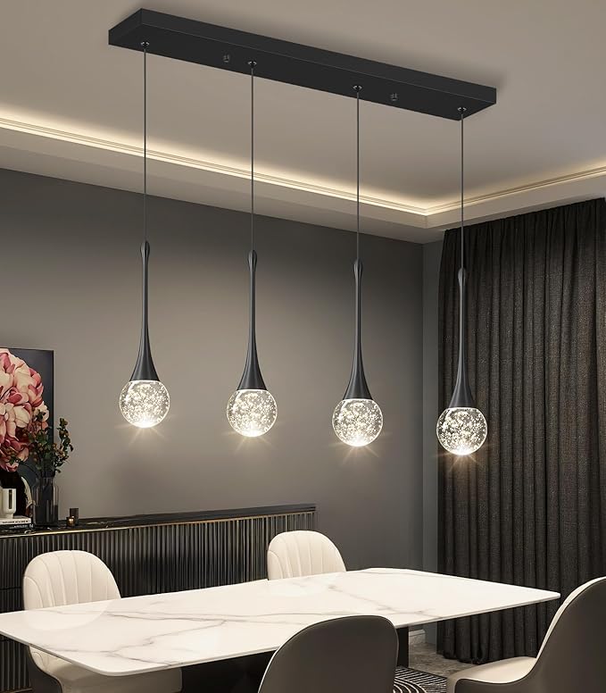 4-Lights Modern Pendant Lights for Kitchen Island LED Dimmable Crystal Glam Ceiling Pendant Lighting Chandelier for Dining Room Hallway Bedroom Black