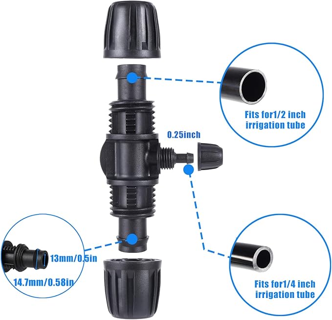 Locked Barbed Tee Connectors,1/2 Inch to 1/4 Inch Irrigation Tubing Fittings Kit for (1/2'' ID x 0.60''-0.63'' OD) 16mm Drip Tubing (10 Pcs Barbed Tee 3-Way)