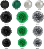 Black Green Silver Football Party-Decorations - 20pcs Soccer Theme Graduation Paper Lanterns Fans,Tissue Pom Poms,Honeycomb Balls,Men Boys Birthday Sports Spring Jungle Baby Shower Decor Burgleda