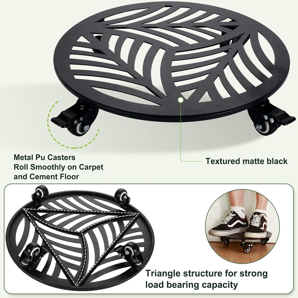 2 Pack 15 inches Extra-Large Metal Plant Caddy with Wheels Heavy-Duty Iron Rolling Plant Stand with Casters Indoor Outdoor Wheeled Plant Roller Base Pot Movers Plant Dolly Coaster Trolley Black