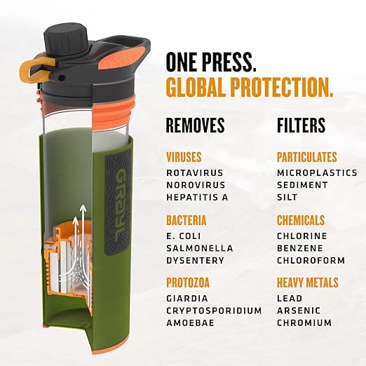 GRAYL GeoPress 24 oz Water Purifier Bottle - Filter for Hiking, Camping, Survival, Travel (Oasis Green)