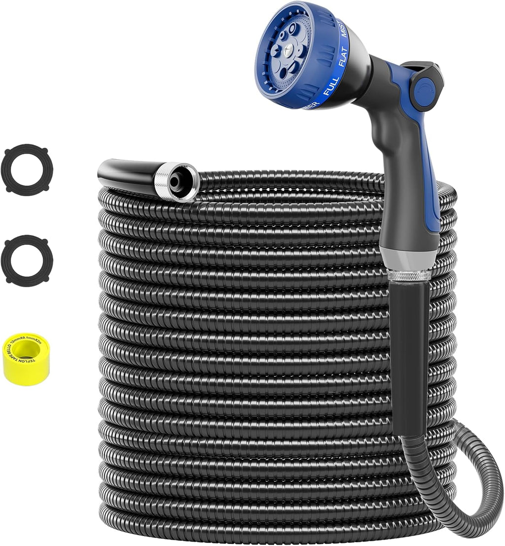 SPECILITE 25ft 304 Stainless Steel Garden Hose Metal, Heavy Duty Water Pipe with Nozzles for Yard, Outdoor - Flexible, Never Kink & Tangle, Puncture Resistant (Black)