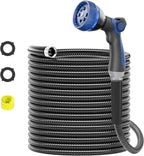 SPECILITE 25ft 304 Stainless Steel Garden Hose Metal, Heavy Duty Water Pipe with Nozzles for Yard, Outdoor - Flexible, Never Kink & Tangle, Puncture Resistant (Black)