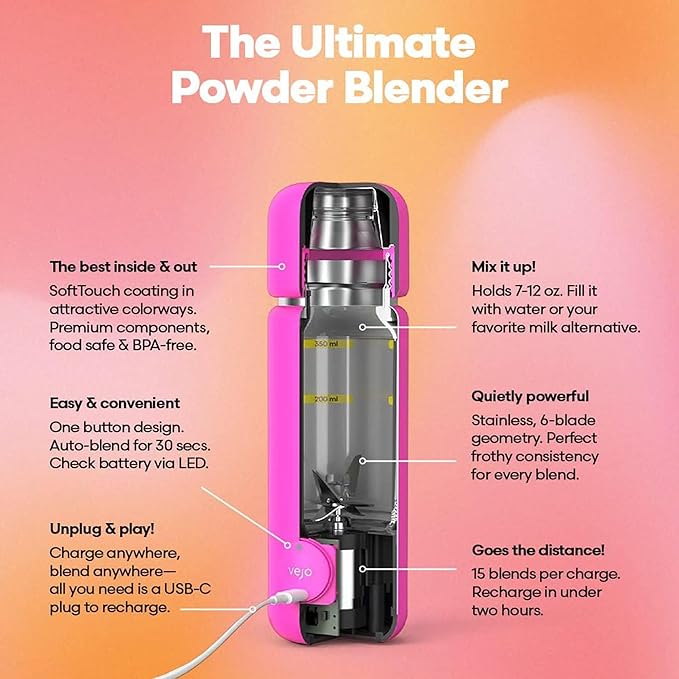 Vejo Personal Blender Powder-Powered Blending System | No Shaking | No Clumps | No Prep | Easy One-Button Design | USB Rechargeable Blender | Red