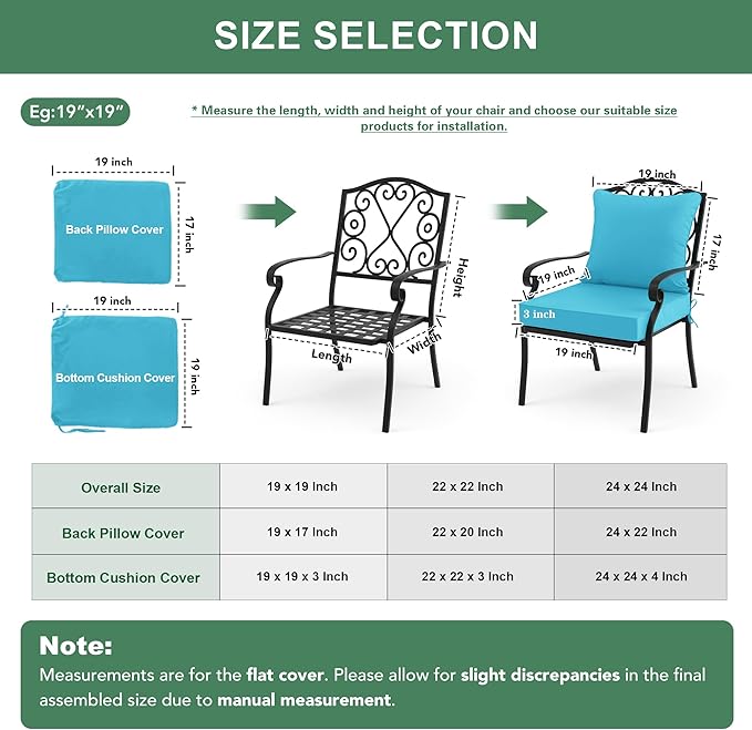 Summsun Outdoor Backrest and Deep Seat Cushion Set, Waterproof Fade Resistant Patio Chair Furniture Cushion with Removable Cover, 22 x 22 Inch, Teal, Set of 2
