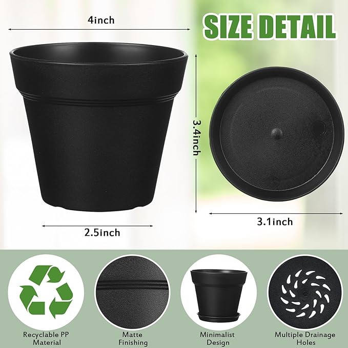 Mumufy 54 Pack 4 Inch Plant Pots Bulk Small Planter with Drainage Hole and Saucer Small Plastic Pots for Flowers Succulent Cactus and All House Indoor(Black)