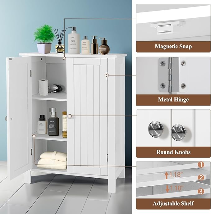 ZENY Bathroom Floor Storage Cabinet with Double Door + Adjustable Shelf, Wooden Organizer Cabinet for Living Room, Bathroom, Bedroom, Modern Home Furniture (White)