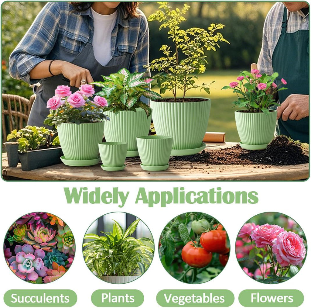 7.5/6.5/5.5/4.9/4.2/3.5 Inch Plant Pots with Saucers & Drain Holes - Indoor/Outdoor Flower Pots for Succulents, Herbs, Cactus - Modern Lightweight Durable Planter Set, Green
