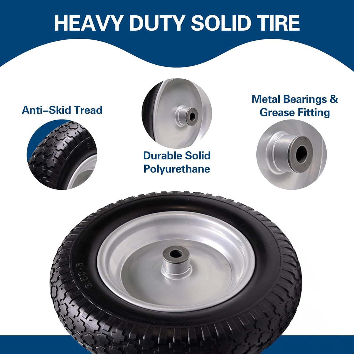 4.80/4.00-8 Tire, 14.5" Flat Free Wheelbarrow Tire and Wheel, 5/8" 3/4" Bearings Solid Replacement Tires, 3" -7" Centered Hub, Universal Fit 3.50/3.00-8, 4.00-6 Trolley Dolly Go Kar, 1 Pack