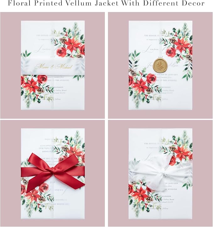 PONATIA 50 PCS 135gsm Vellum Jackets for 5x7 Wedding Invitation Cards- Christmas Red Floral Printed Vellum Sleeves, Invitation Cards Wraps, Christmas Cards Jackets