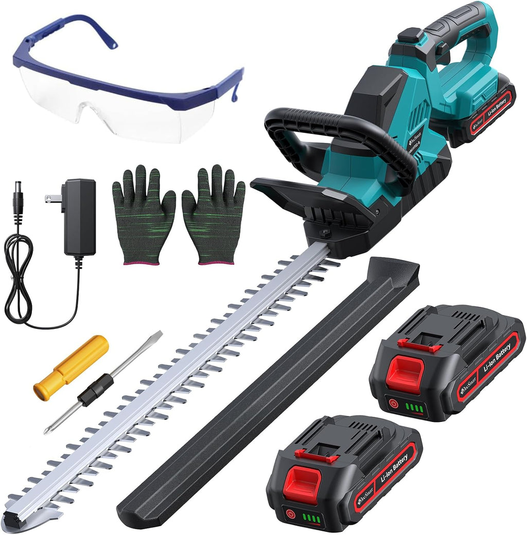 20'' Hedge Trimmer Cordless with Battery, Electric Handheld Bush Clipper with 2 Pack Rechargeable Batteries, 3000RPM 180° Rotatable Head, 2/3'' Blade Gap