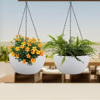 Meowell 12 inch Large Hanging Planters for Indoor Outdoor Plants, 2 Pack Hanging Flower Pots with Drainage Holes and Chain for Garden Porch, Plastic Hanging Baskets for House Plants, White