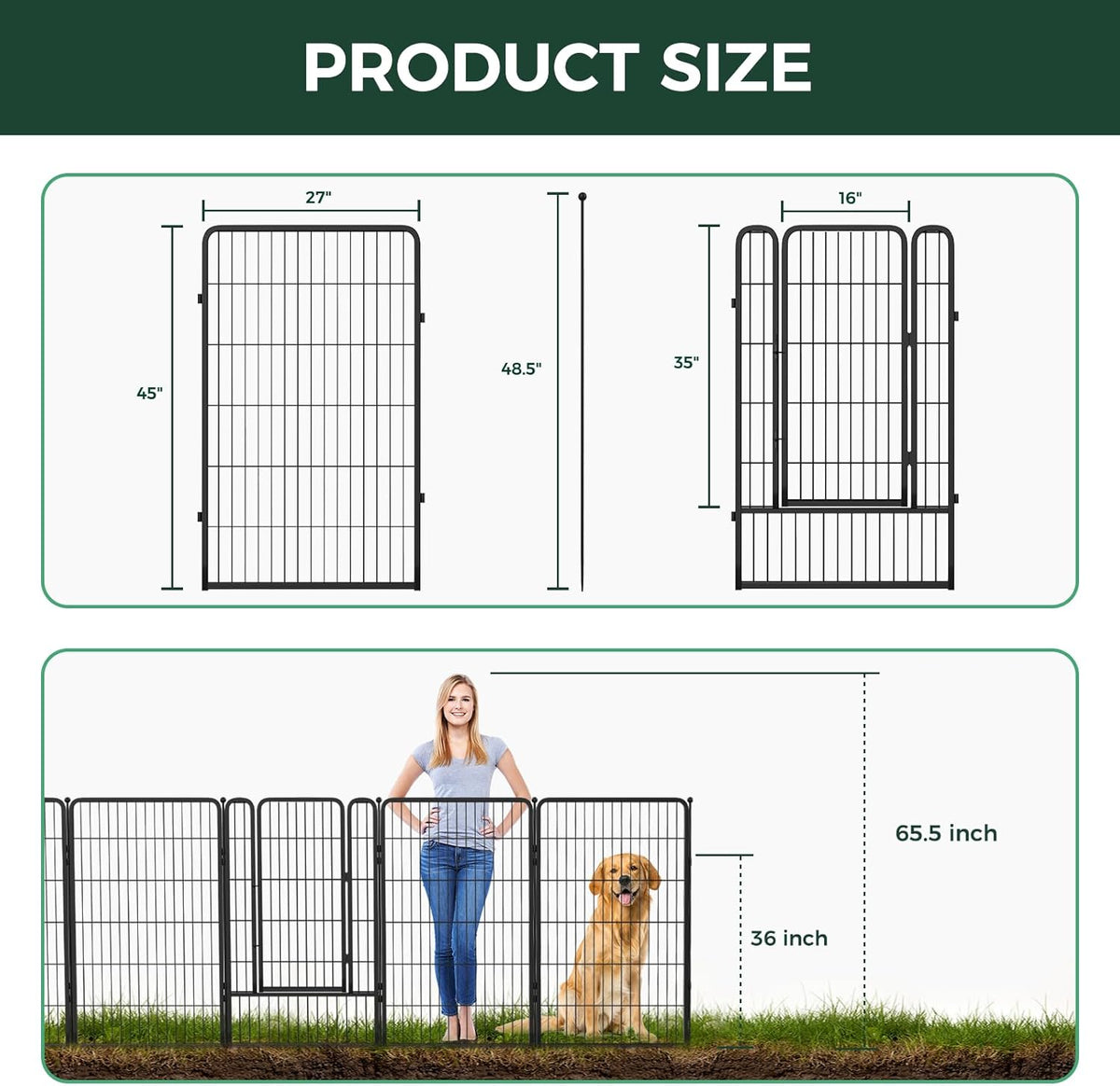 FXW Garden Fence Outdoor for The Yard – 45in(H) x 9.1ft(L) Heavy Duty Metal Animal Barrier for Dog and Rabbit, Decorative Dog Fence, 4 Panels, Black