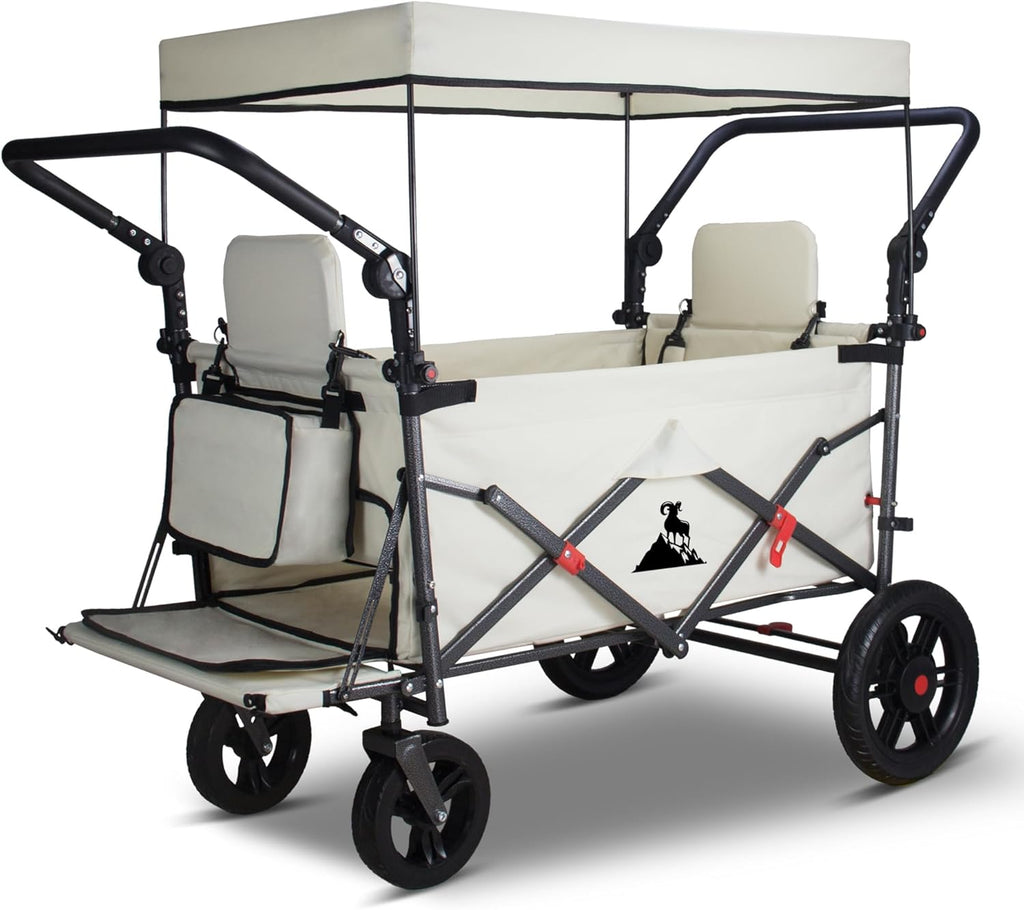 Foldable Wagon with Canopy - Collapsible Utility Cart with 2 Seats & Belts, Adjustable Handle, Expandable Front for Camping, Picnic, Shopping (Beige)