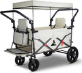 Foldable Wagon with Canopy - Collapsible Utility Cart with 2 Seats & Belts, Adjustable Handle, Expandable Front for Camping, Picnic, Shopping (Beige)