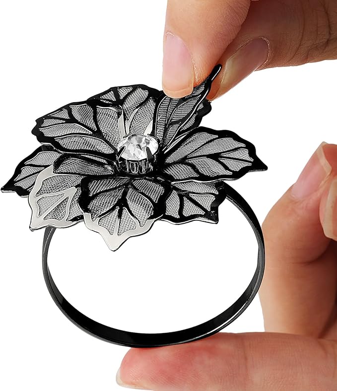 KPOSIYA Flower Napkin Rings Holder Metal Black Napkin Rings Set of 6 for Wedding Party Holiday Banquet Christmas Dinner Delicate Serviette Buckles Decor Favor (6, Black)