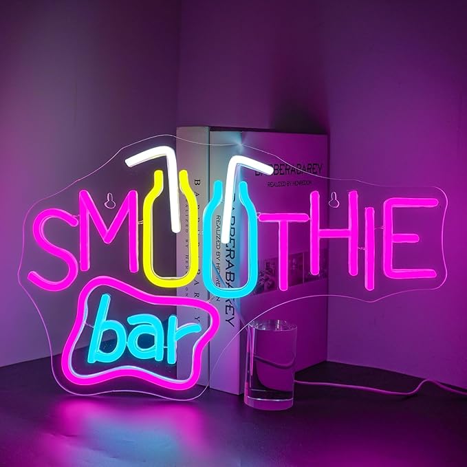 Looklight Smoothie Bar Neon Sign,Words Neon Signs for Wall Decor,Pink Letter Dimmable LED Neon Light Bar Sign,USB Light Up Signs for Store Beverage Cool Smoothie Bar Shop