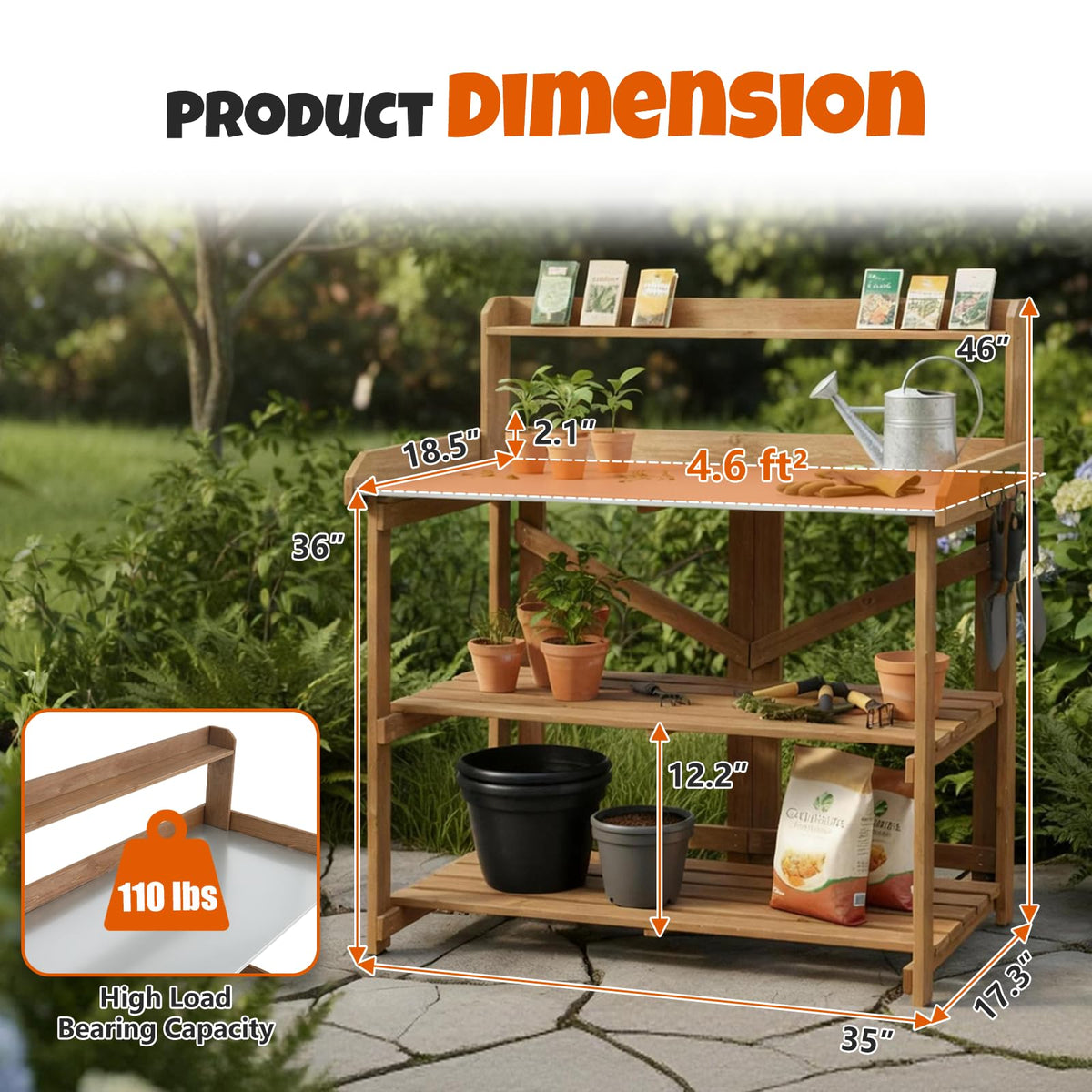 Outdoor Potting Bench Table, Indoor Wooden Work Station with Metal Table Top, Metal Hooks, Large Shelves, Heavy-Duty Gardening Workbench for Garden, Backyard, Patio, BBQ Prep Station, Easy Assembly