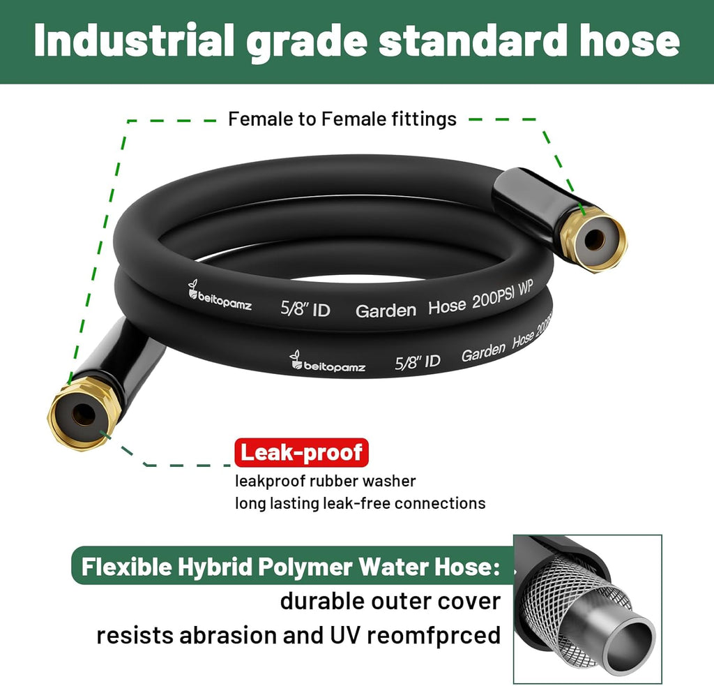 Short Garden Hose 3 ft x 5/8" Female to Female, Heavy Duty Small Water Hose Extend Connector, Leak-Free Connections Hybrid Rubber Leader Hose with 3/4" Double GHT Fittings, Black
