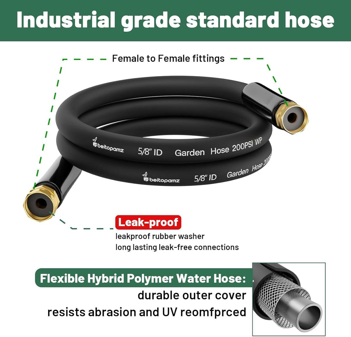 Short Garden Hose 3 ft x 5/8" Female to Female, Heavy Duty Small Water Hose Extend Connector, Leak-Free Connections Hybrid Rubber Leader Hose with 3/4" Double GHT Fittings, Black