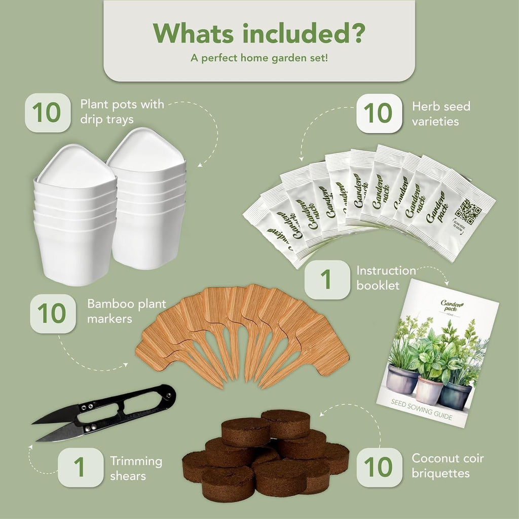 Garden Pack 10 Herb Indoor Window Herb Garden - Includes Pots, Trays, and Compressed Soil for Easy Indoor Herb Growing - Perfect Kitchen Herb Garden Starter Kit for Beginners and Gifts