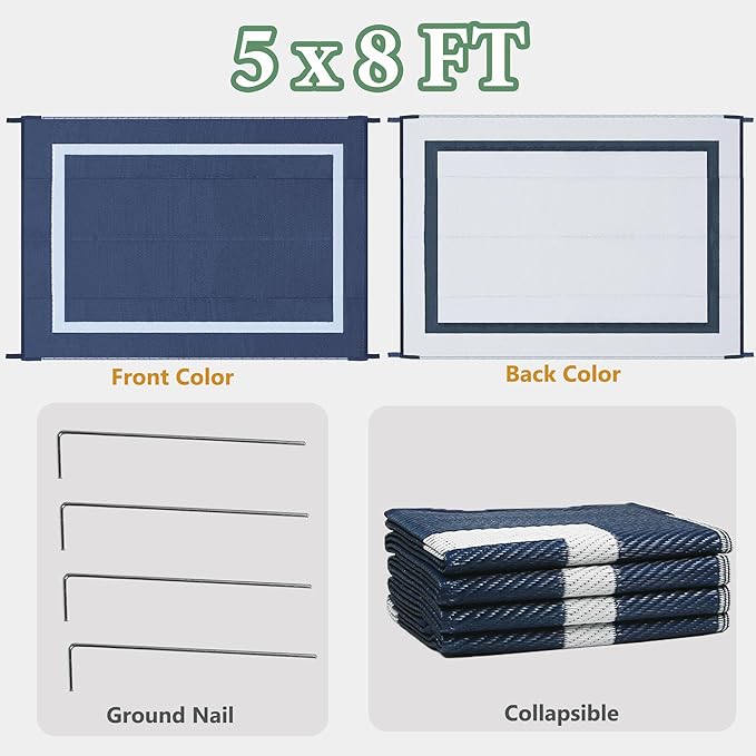 Ogrmar 5x8 FT Reversible Mats, Outdoor Rug for Patio Clearance, Waterproof Carpet, Plastic Straw Rug for Indoor Outdoor, Floor Mat&Rug for RV Porch Camping Backyard Deck Balcony Beach Trailer (Blue)