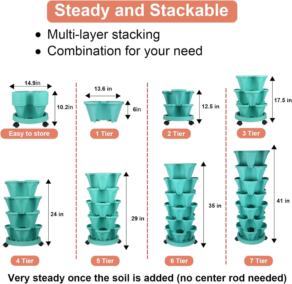 Vertical Planter 7 Tier Stackable Planters Garden Planters Strawberry Herb Flower and Vegetable Planter Indoor Outdoor Gardening Pots with Removable Wheels and Tools