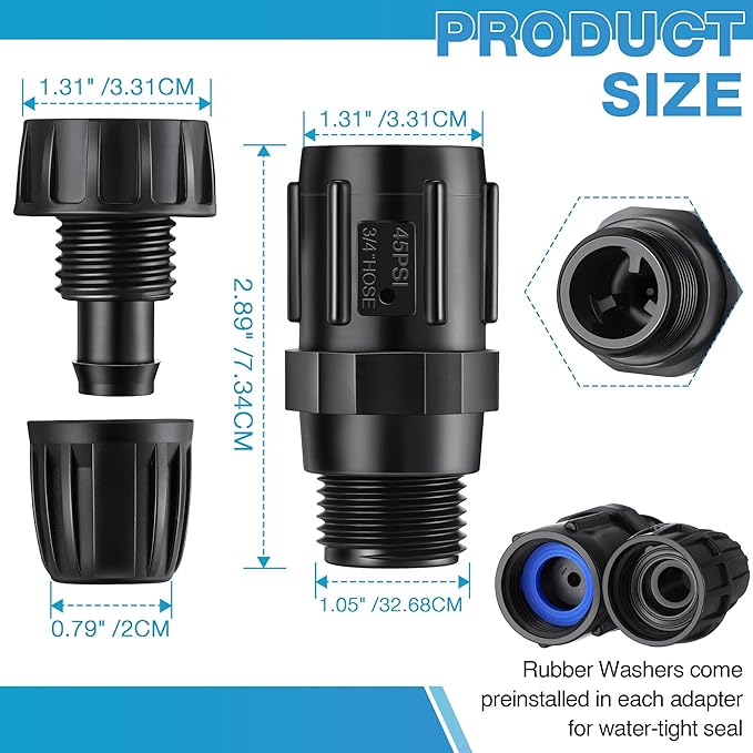 4 Pcs 45 PSI Drip Irrigation Pressure Regulator Faucet Adapter Kit, 2 Pcs 3/4" FHT x 3/4'' MHT Pressure Regulator, 2 Pcs 1/2 Inch Drip Irrigation Tubing Adapter for Drip Irrigation System