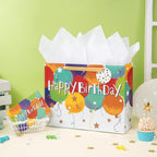 Loveinside Colorful Birthday Gift Bag, Balloons Pattern with HAPPY BIRTHDAY Text, Matching Tissue Paper, Greeting Card and Tag, Ideal for Kids' Birthday Gifts, 13" x 5" x 10", 1 Pcs
