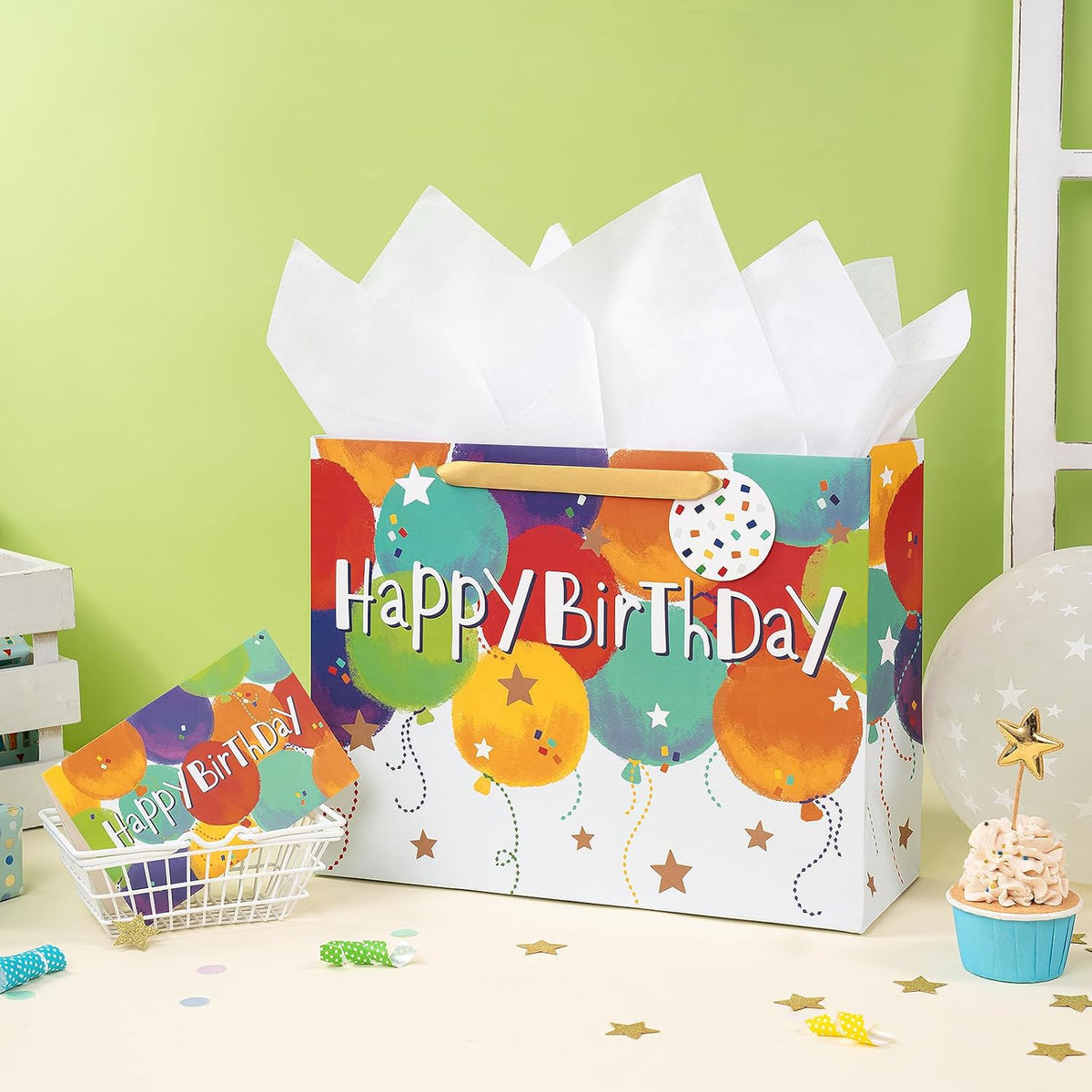 Loveinside Colorful Birthday Gift Bag, Balloons Pattern with HAPPY BIRTHDAY Text, Matching Tissue Paper, Greeting Card and Tag, Ideal for Kids' Birthday Gifts, 13" x 5" x 10", 1 Pcs