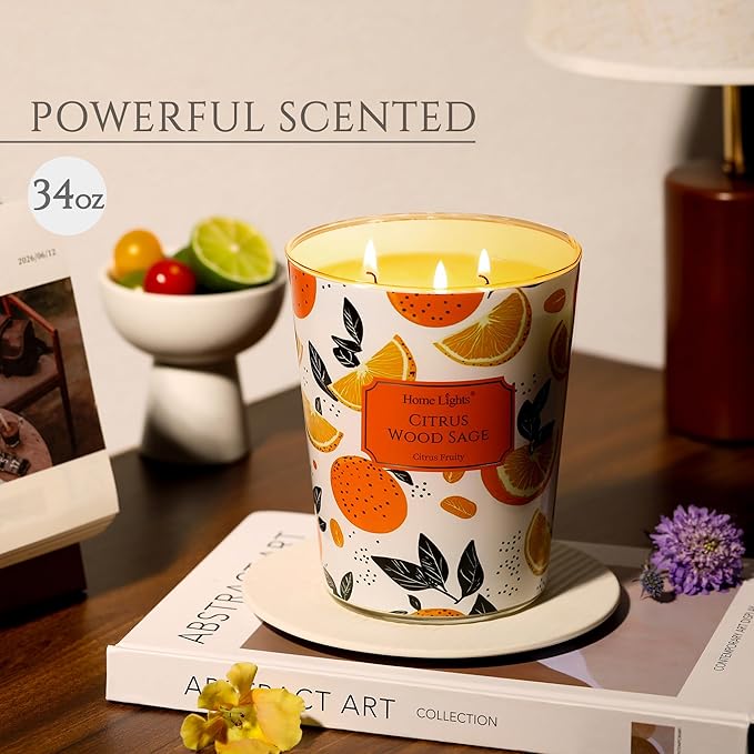HomeLights Citrus Wood Sage Scented Candles | 34oz Soy Candles Eclectic Mixed Styles 3-Wick Large Candle Jars | Ideal Candle Gifts for Events, Home Decor Stress, Relief & Relaxation