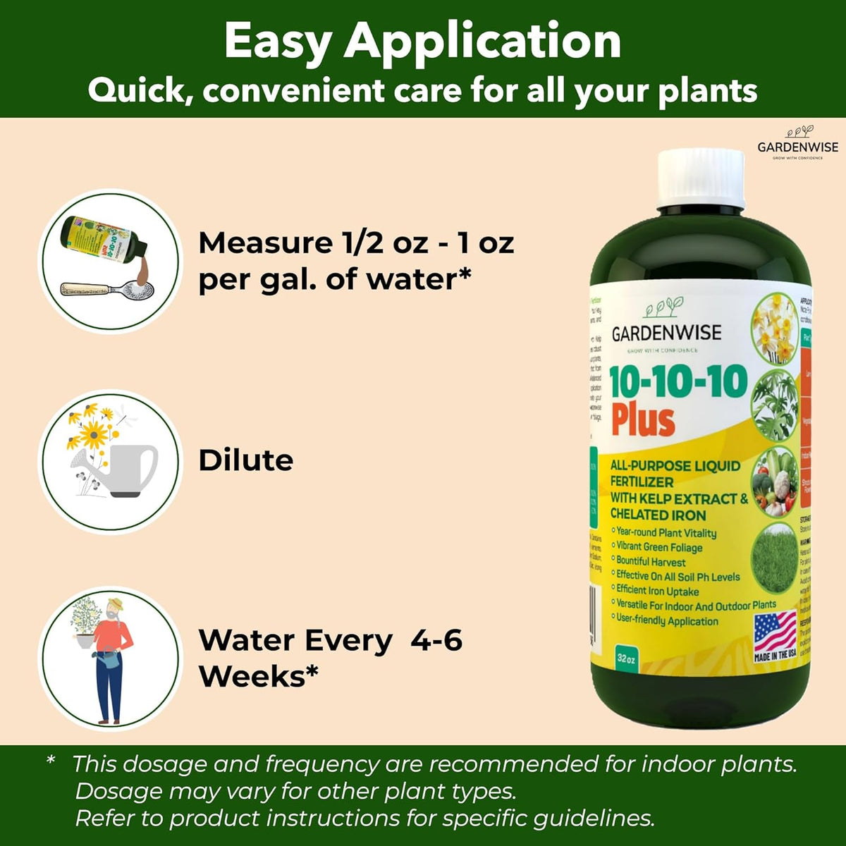 10-10-10 All Purpose Plant Food - Liquid Fertilizer with Seaweed Kelp & Iron - Indoor & Outdoor Plant Food, Vegetables, Flowers, Lawn & Garden 1x8oz