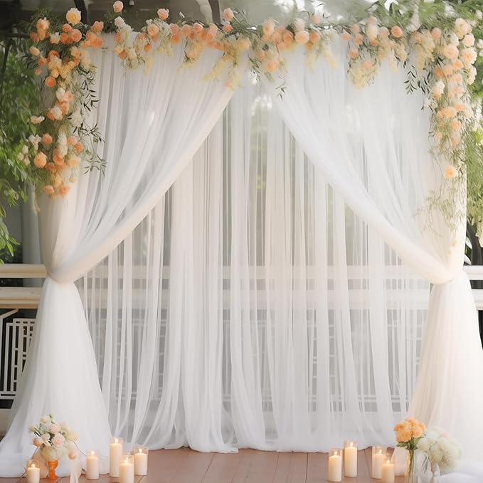 10x10 White Tulle Backdrop Curtains for Parties, Sheer Backdrop Curtain Wedding Photo Background Drapes for Baby Shower Photography Birthday Party