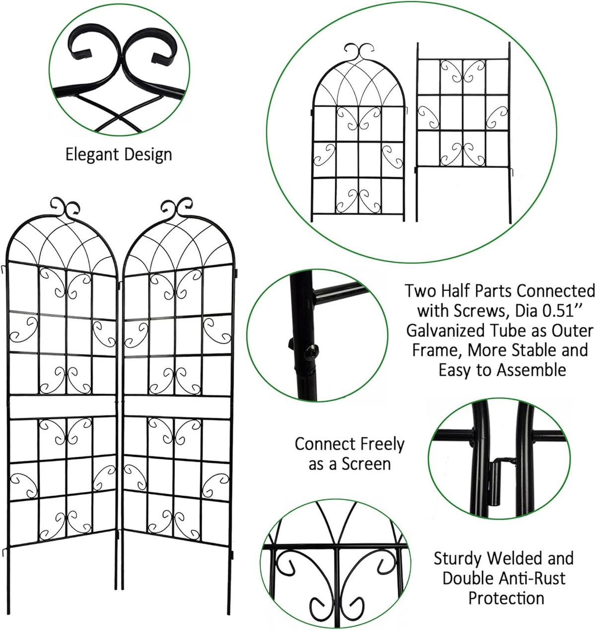 8 Pack Metal Garden Trellis 71" H Garden Fence Rustproof Trellis for Climbing Plants Support Roses Flower Outdoor Lawn Black