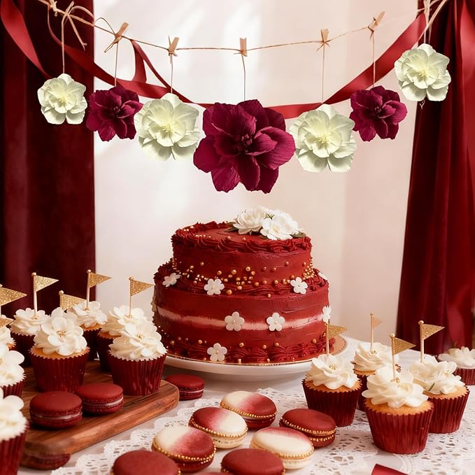 BRT Bearingshui Crepe Paper Flowers Decoration for Wall Total 9 Pcs, Artificial Flowers Backdrop for Wedding Decor Baby Bridal Shower Birthday Party, Burgundy Cream 3D Wall Flowers Decor