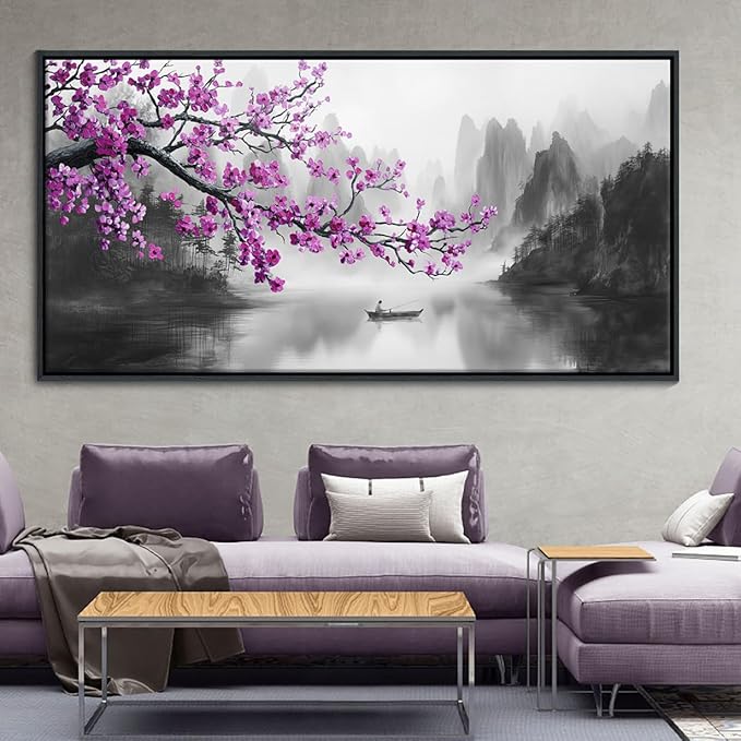 Large Purple Wall Art Decor for Living Room Bedroom Framed Black and White Landscape Full Moon Purple Flower Painting Canvas Picture Plum Blossom Artwork for Home Office 29x58IN