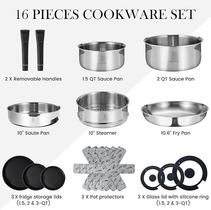 ROYDX16 PCS Pots and Pans Set,18/10 Stainless Steel Cookware Set with Adjustable Detachable Handles for RV,home Dishwasher Safe and Oven Safe