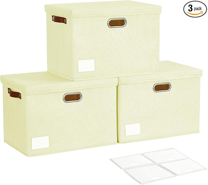 17" Large Collapsible Storage Bins with Lids, Stackable Closet Organizers with PU Handle and Labels, 3-Pack Decorative Fabric Storage Boxes for Home, Bedroom, Closet, Office, Nursery(Beige)