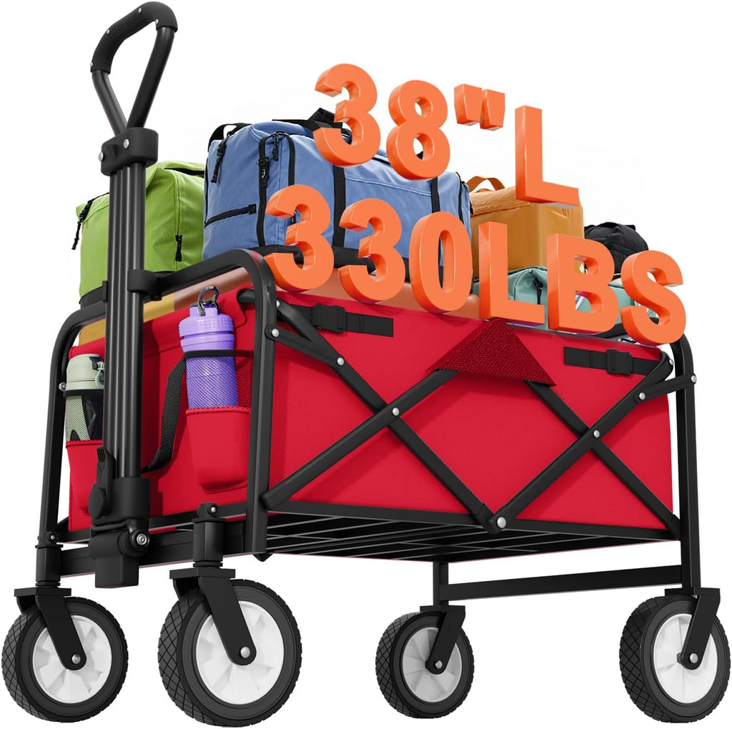 Collapsible Wagon Folding Wagon Garden Cart with Large Capacity, Portable Utility Wagon Cart Heavy Duty for Beach Camping Shopping Garden, Red