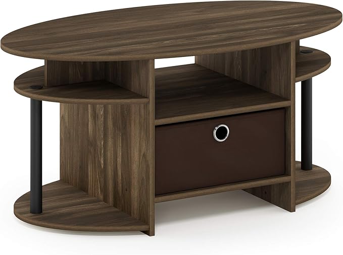 Furinno Jaya Simple Design Oval Coffee Table with Bin for Living Room, Columbia Walnut/Black/Dark Brown