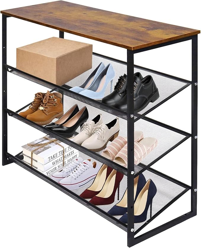 Garden 4 you 4-Tiers Shoe Storage Freestanding Organizer Modern 25.2 in Tilting Adjustable Shoe Rack for High Heels, Entryways, Hallways, Closets, Dormitory Rooms, Industrial, Brown