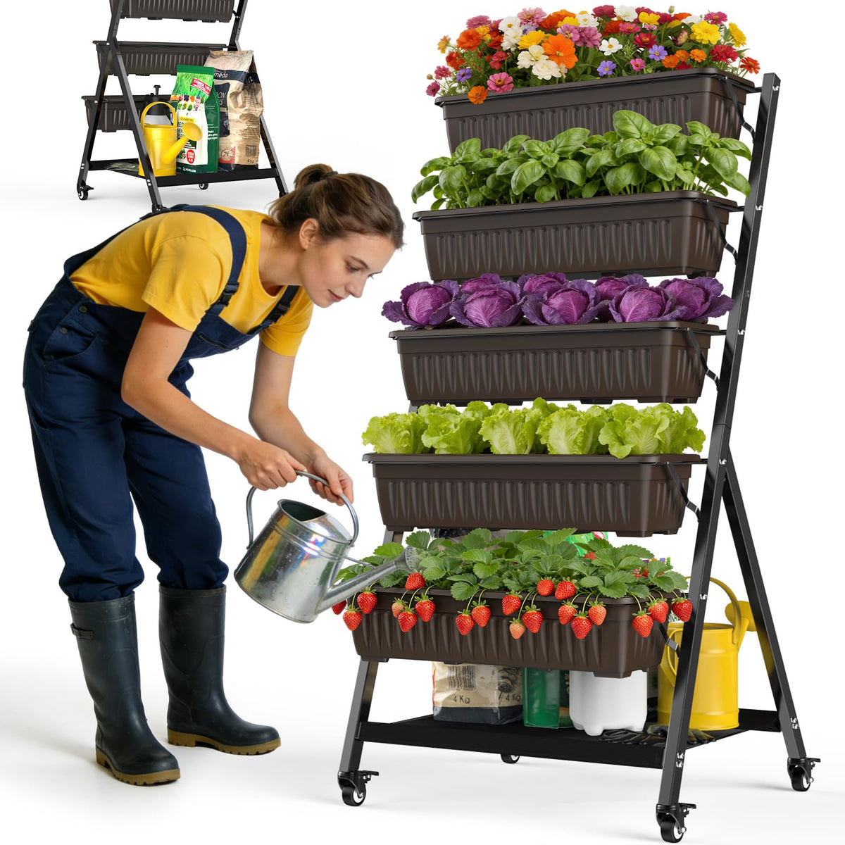 Olaiti 5-Tier Vertical Garden Bed Planter Boxes with Wheels, Drainage System & Storage Space, Mobile Vertical Garden Planter with 5 S-Hooks for Plants Vegetables Flowers Herbs in Garden Patio Yard