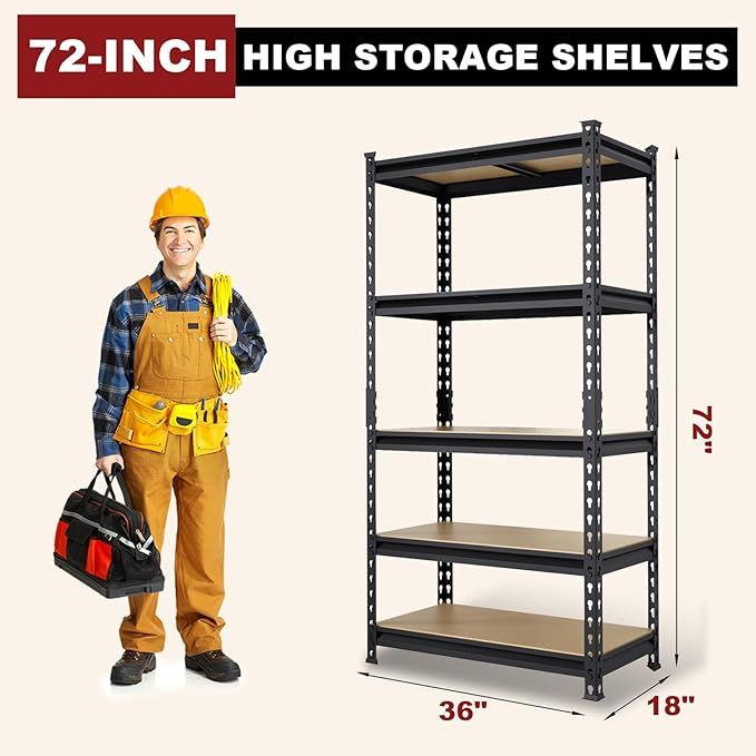 BIG RED 5 Tier Heavy Duty Garage Storage Shelving: Adjustable Metal Utility Shelving Rack for Garage, Basement, Pantry, Closet - 2,000lb Capacity (72"x36"x18") Black
