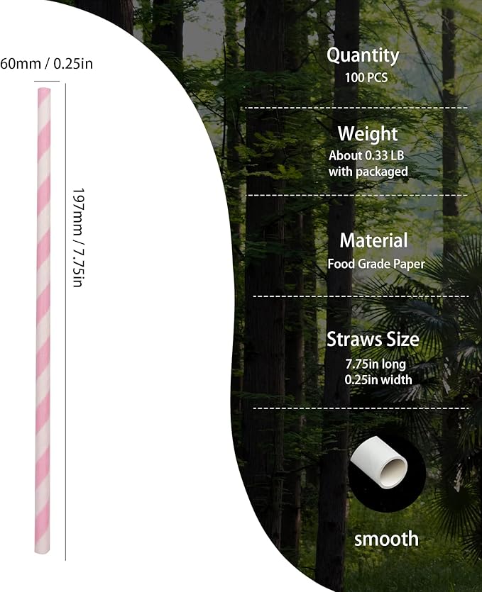 Disposable White and Pink Striped Paper Straws, Hot Pink Swirl Straw Pastel Princess Drinking Straws for Valentines Birthday Wedding Party Suppliers (7.75 Inches, Box of 100)
